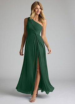 Azazie Brooke Bridesmaid Dresses Dark Green A-Line One Shoulder Mesh Dress image2