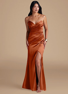 Azazie Yola Bridesmaid Dresses Auburn Sheath Pleated Metallic Satin Dress image6