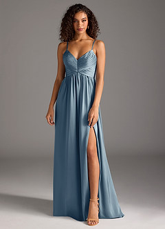 Azazie Alia Robes de demoiselle d'honneur Robe Trapèze en Satin extensible Plissée Bleu Poussiéreux image1
