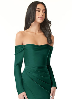 Azazie Hallie Bridesmaid Dresses Emerald Sheath Off-The-Shoulder Long Sleeve Stretch Satin Convertible Dress image1
