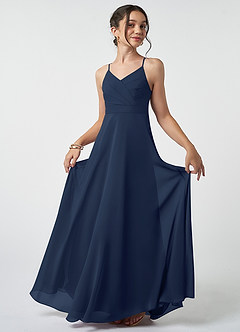 Azazie Avelina Junior Dark Navy A-Line Pleated Chiffon Dress image2