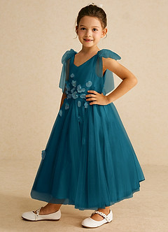 Azazie Minia Flower Girl Dresses Ink Blue A-Line Bow Matte Satin Dress image5
