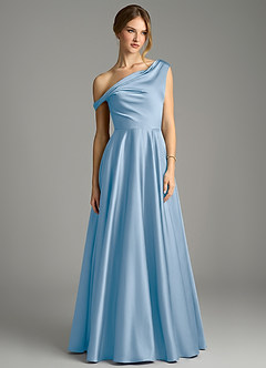 Azazie Xanthe Bridesmaid Dresses Powder Blue A-Line Off the Shoulder Stretch Satin Dress image3