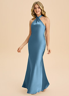 Azazie Chickie Junior Robe Fourreau en Satin extensible Plissée Acier Bleuté image5