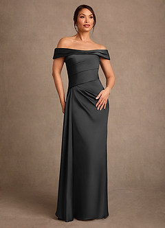 Azazie Beah Mother of the Bride Dresses Black Sheath Off the Shoulder Stretch Satin Dress image1