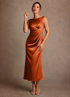Azazie Mazhe vestidos de madre de la novia Vestido de Naranja Quemada de Satén Elástico de Corte en A con Plisado image1