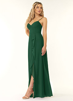 Azazie Naeem Robes de demoiselle d'honneur Robe Trapèze en Mousseline de soie Col V à volants Vert Foncé image3