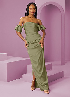 Barbie ♥ Azazie Bridesmaid Dresses Pistachio Sheath Off the Shoulder Stretch Satin Convertible Dress image1