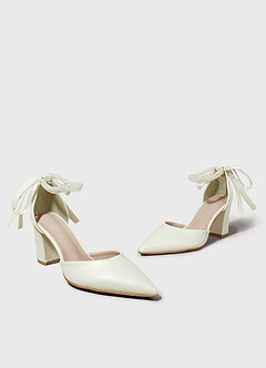 front Pearl Bow Ankle Strap Pumps
