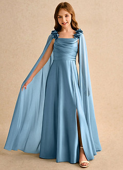 Azazie Rosita Girls Formal vestidos de niña de las flores Vestido de Azul Acero de Satén Elástico de Corte en A con Plisado image3