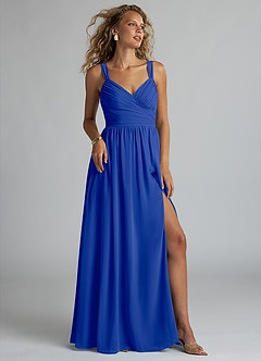 Azazie Aziza Bridesmaid Dresses Royal Blue A-Line V-Neck Pleated Chiffon Dress image1
