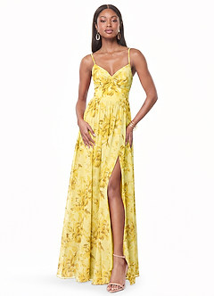 Azazie Zeya Robes de demoiselle d'honneur Robe Trapèze en Mousseline de soie Col V plissé Sorbet Au Citron Fleurs image1