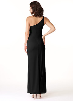 Azazie Cassia Final Sale Black Sheath One Shoulder Mesh Dress image2