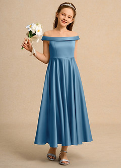 Azazie Teeny Girls Formal Sukienki dla dziewczynek sypiących kwiaty Linia A Pofałdowany Matowy satynowy Długość kostki Sukienka image5