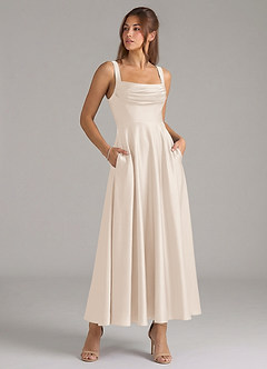 Azazie Shaude Jurken voor bruidsmeisjes Jurk van Stretch Satijn met A-Lijn Geplooid Wit Albast image3