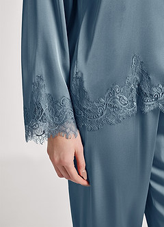 front Conjunto de pijama de manga larga con ribete de encaje satinado