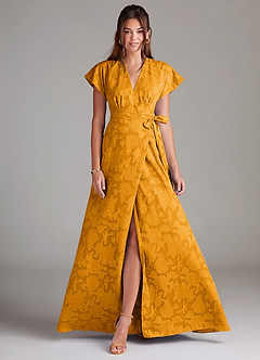 Azazie Ling Robes de demoiselle d'honneur Robe Trapèze en Blumen-Burnout Plissée Caramel écossais image1
