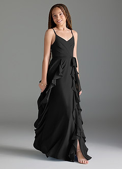 Azazie Peyton Vestido de Negro de Gasa/ Chiffon de Acampanado con Volantes en cascada Cuello en V image3