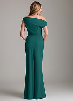 Azazie Emerson Bridesmaid Dresses Peacock Sheath Off the Shoulder Chiffon Dress image4