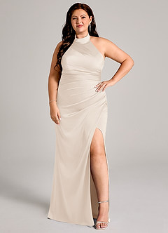 Azazie Jemma 신부 들러리 드레스 쉬스 주름진 스트레치 새틴 바닥 길이 드레스 image10