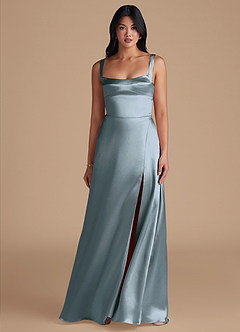Azazie Hope Bridesmaid Dresses Dusty Blue A-Line with Pockets Metallic Satin Dress image2