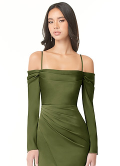 Azazie Hallie Bridesmaid Dresses Olive Sheath Off-The-Shoulder Long Sleeve Stretch Satin Convertible Dress image2