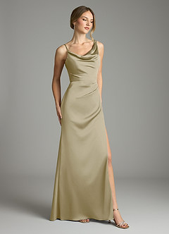 Azazie Samara Robes de demoiselle d'honneur Robe Sirène en Satin extensible Plissée Vert Mousse image4