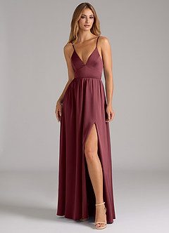 Azazie Aaida Vestidos de damas de honor Vestido de Merlot de Satén Elástico de Corte en A con Corsé image4