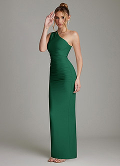 Azazie Shanice Bridesmaid Dresses Emerald Sheath One Shoulder Premium Stretch Jersey Dress image3
