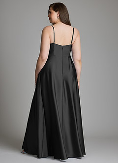 Azazie Amani Vestidos de damas de honor Vestido Negro de Satén Elástico de Línea A con Plisado image7