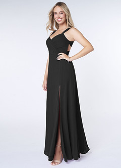 Azazie Nahrin Vestidos de damas de honor Vestido de Negro de Gasa de Corte en A con Cuello en V Plisado image3