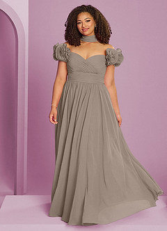 Barbie ♥ Azazie Robes de demoiselle d'honneur Robe Trapèze Convertible en Mousseline de soie Épaule décolletée Taupe image15