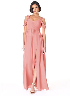 Azazie Lianne Bridesmaid Dresses Coral A-Line Off the Shoulder Chiffon Dress image2