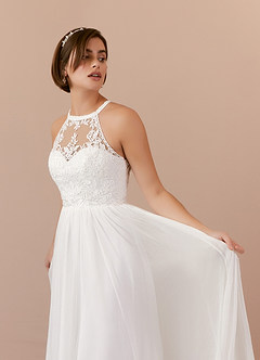 Azazie Annalise Wedding Dresses Diamond White Nude A-Line Lace Crinkle Chiffon Dress image5