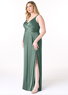 Azazie Aqua Bridesmaid Dresses Eucalyptus A-Line V-Neck Pleated Stretch Satin Dress image10