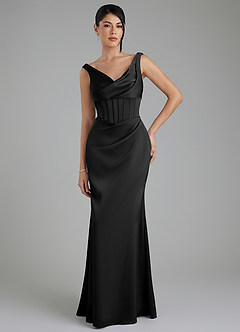 Azazie Spencer Bridesmaid Dresses Black Mermaid Pleated Stretch Satin Dress image1