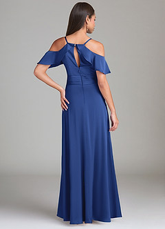 Azazie Dakota Bridesmaid Dresses Royal Blue A-Line Off the Shoulder Stretch Satin Dress image2