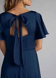 Azazie Kimber Brudtärnklänningar Klänning av A-Line i Stretch Satin Ruched Mörk Marinblå image5