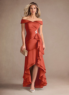 Azazie Billings Mother of the Bride Dresses Rust Mermaid Off the Shoulder Stretch Satin Dress image1