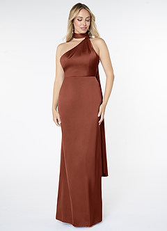 Azazie Kaylani Bridesmaid Dresses Clay Mermaid High Neck Stretch Satin Dress image1