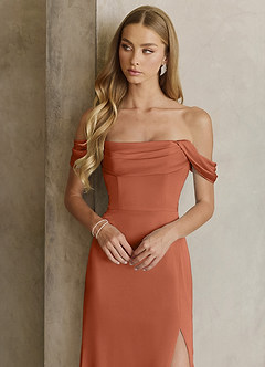 Azazie Saige Bridesmaid Dresses Cedar Rose Sheath Off the Shoulder Stretch Satin Dress image2