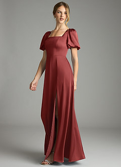 Azazie Fyona Robes de demoiselle d'honneur Robe Trapèze en Satin extensible Plissé Terracotta image10