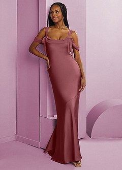 Barbie ♥ Azazie Robes de demoiselle d'honneur Robe Fourreau en Satin extensible Plissée Rose Du Désert image3