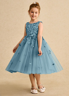 Azazie Lana Blumenmädchenkleider A-Linie ärmellos Matte Satin Kleid Stimmungsvolles Blau image3