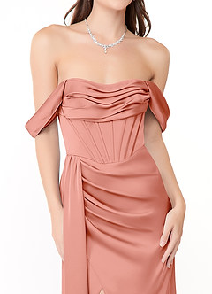 Azazie Amyra Bridesmaid Dresses Coral Sheath Off the Shoulder Stretch Satin Convertible Dress image7