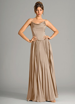 Azazie Saedra Bridesmaid Dresses Taupe A-Line Corset Stretch Satin Dress image3
