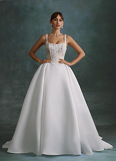 Azazie Belle Wedding Dresses Diamond White Nude Ball-Gown Satin Dress image1