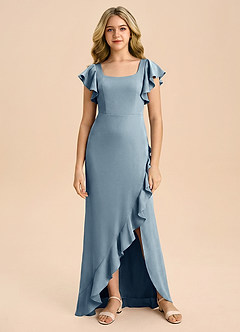 Azazie Demi Junior Vestido Azul Polvoriento de Satén Elástico de Corte Sirena con Lazo image6
