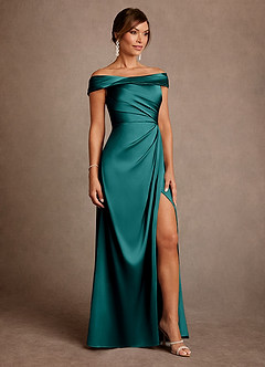 Azazie Bedford Mother of the Bride Dresses Peacock Sheath Pleated Stretch Satin Dress image4