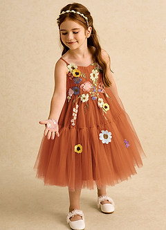Azazie Osea Flower Girl Dresses Cinnamon Ball-Gown Pleated Tulle Dress image3